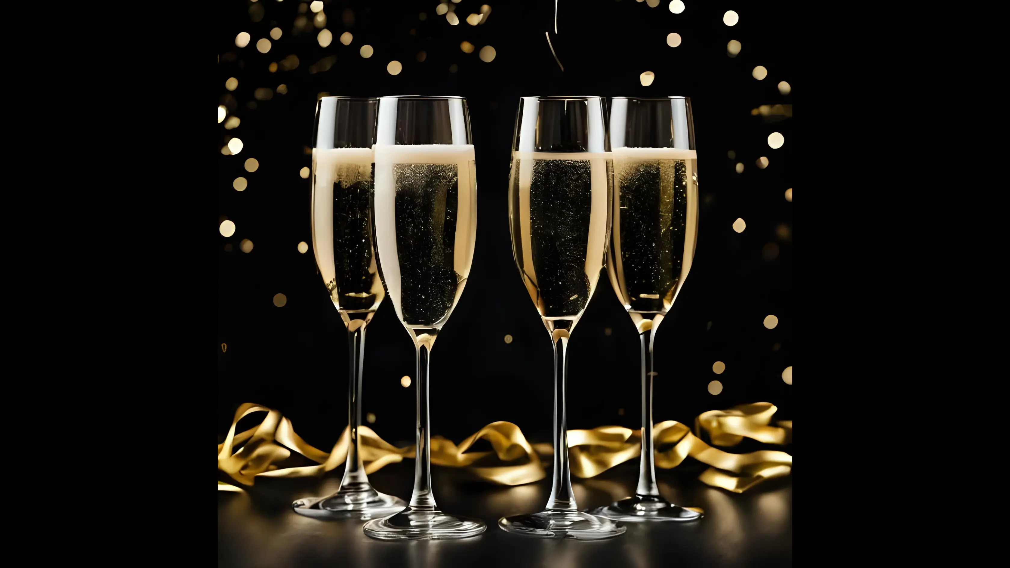 Champagne Classes With Black Background And Gold Confetti